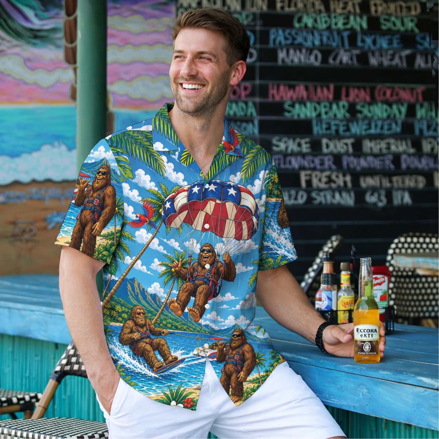 Funny Sasquatch Parasailing Beach Unisex Hawaiian Shirt