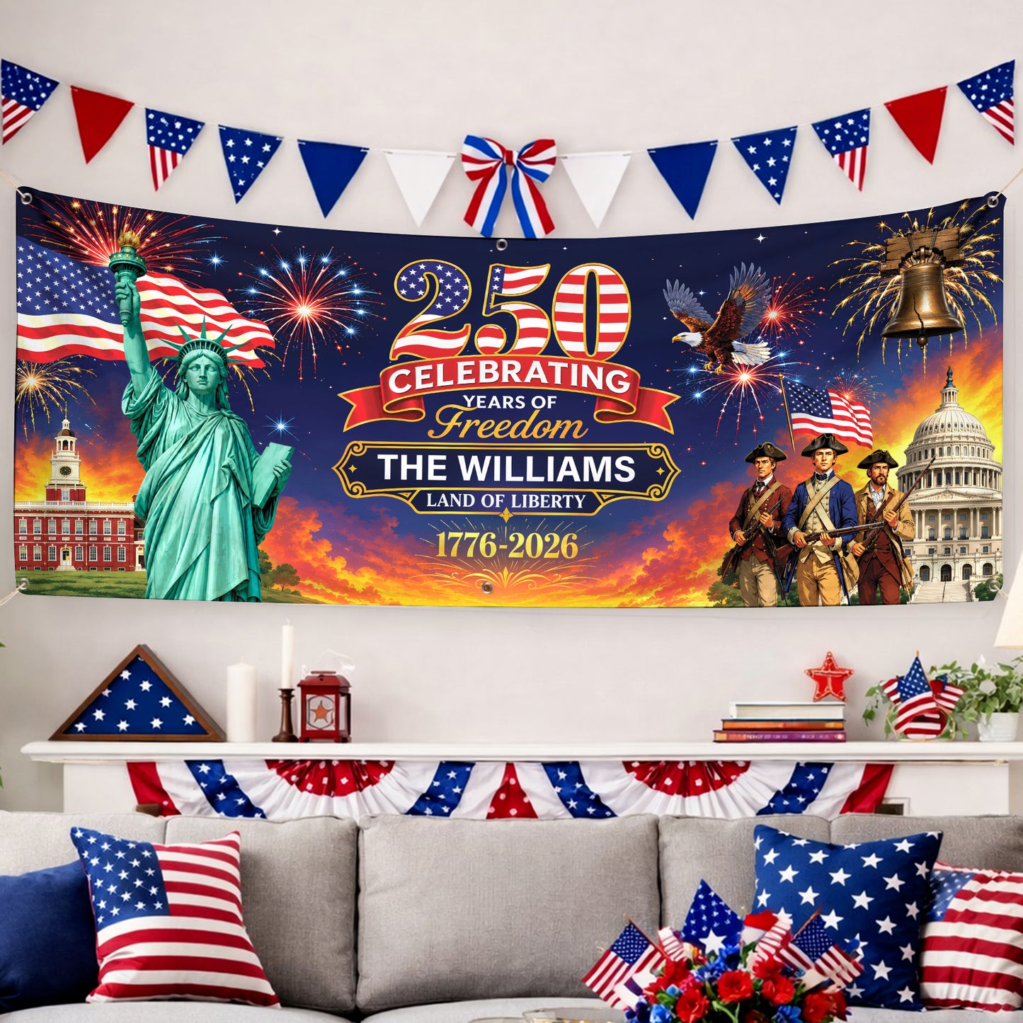 Personalized Banner 250 Years of Freedom Liberty & Heritage Fireworks Patriotic Independence Day