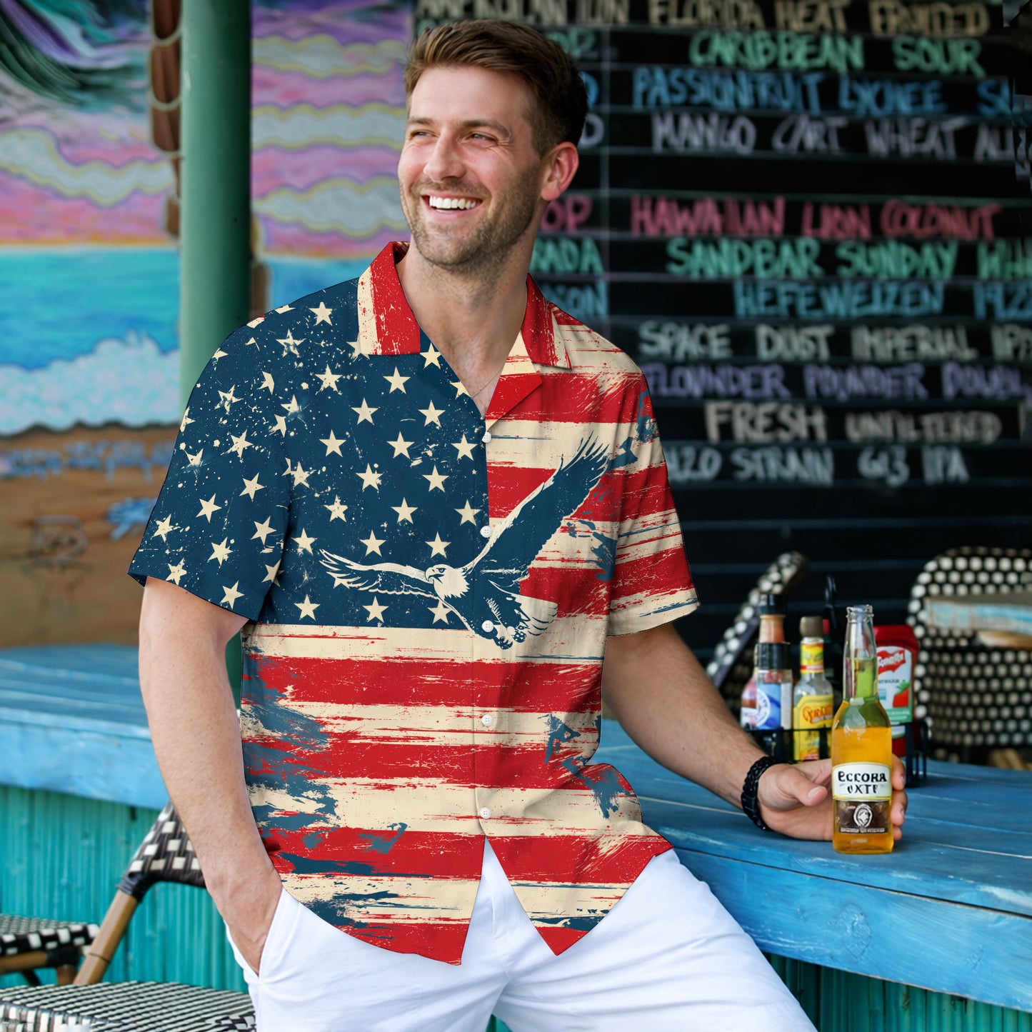 Patriotic American Flag Hawaiian Shirt - Vintage Eagle Aloha Top