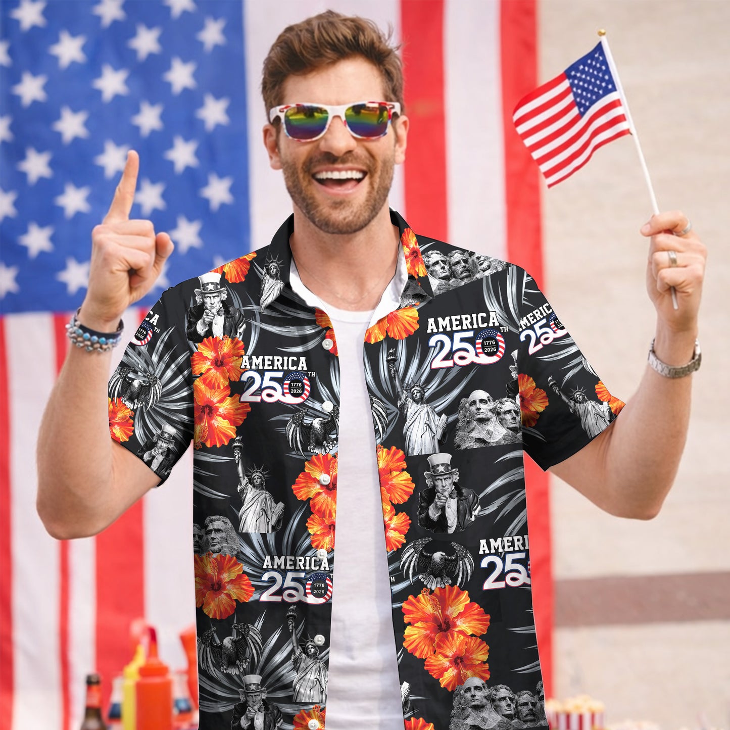 Mount Rushmore Statue of Liberty Floral - USA 250th Anniversary Hawaiian Shirt