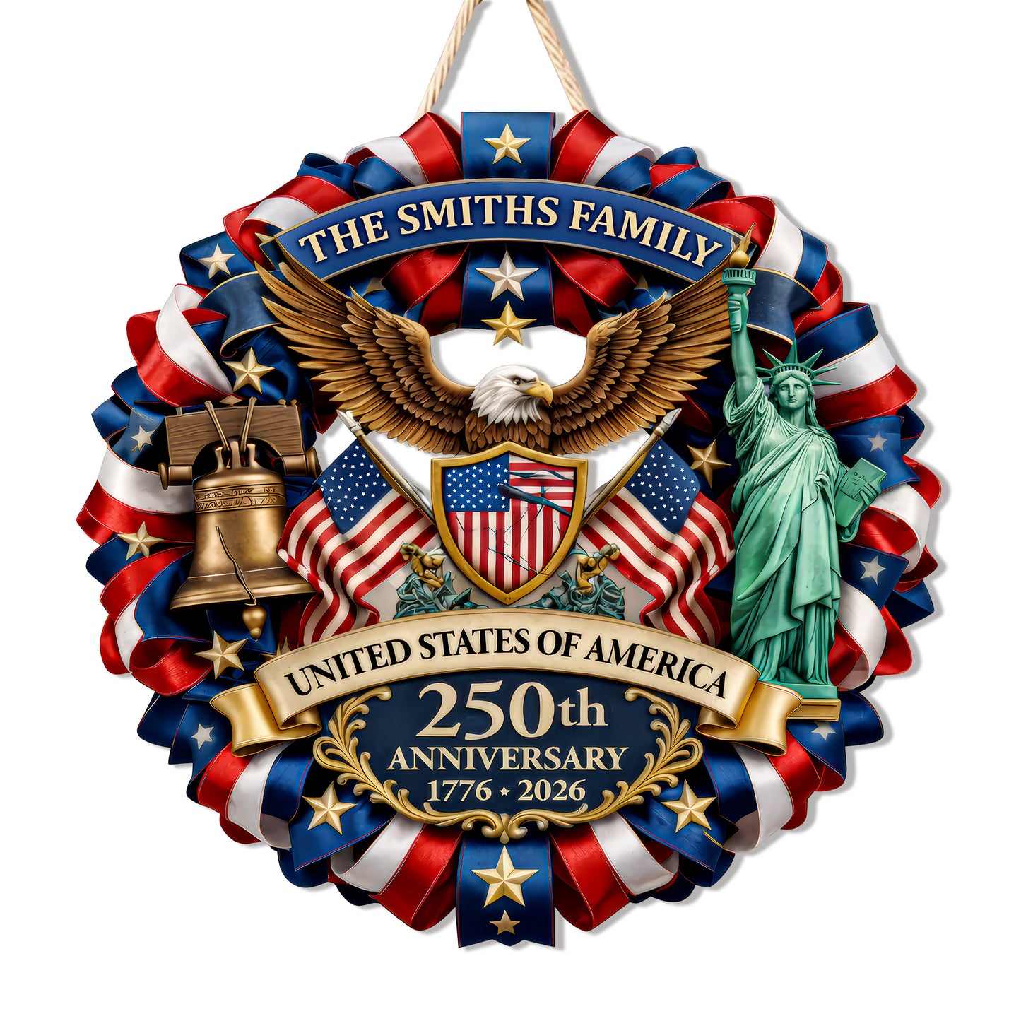 Personalized 250th Anniversary USA Wood Sign – American Flag, Eagle & Statue of Liberty, 1776-2026