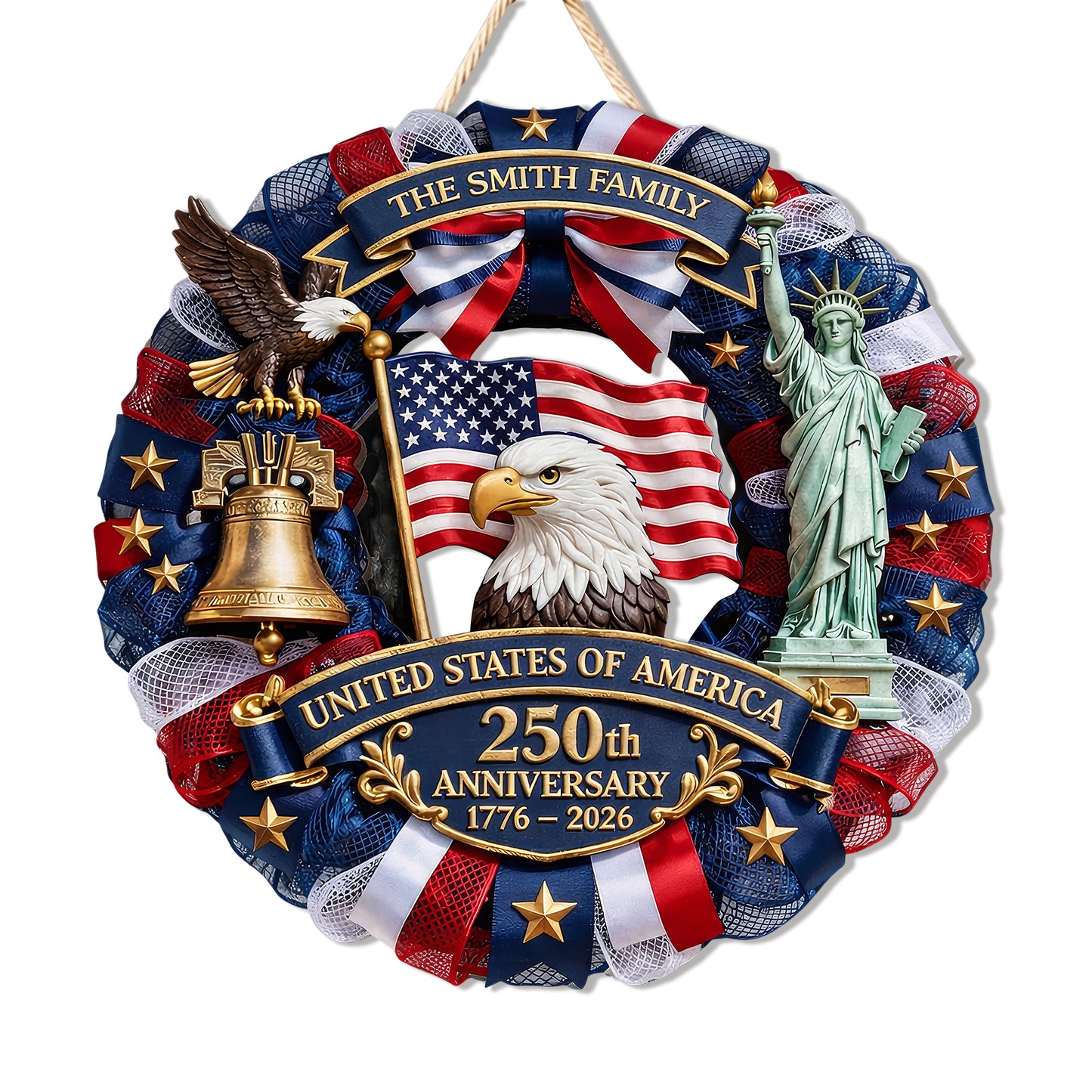 Custom Wood Sign, 250th Anniversary Gift 1776–2026 America Patriotic Family Name Door Wreath