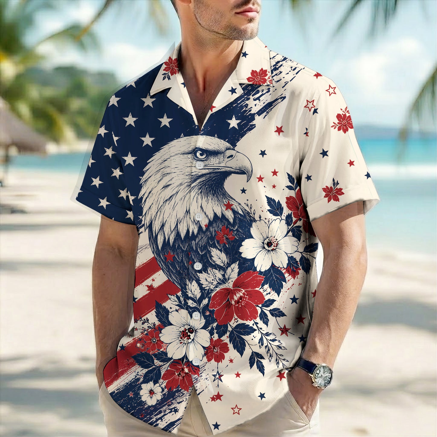 American Flag Bald Eagle Hawaiian Shirt - Floral Aloha Top