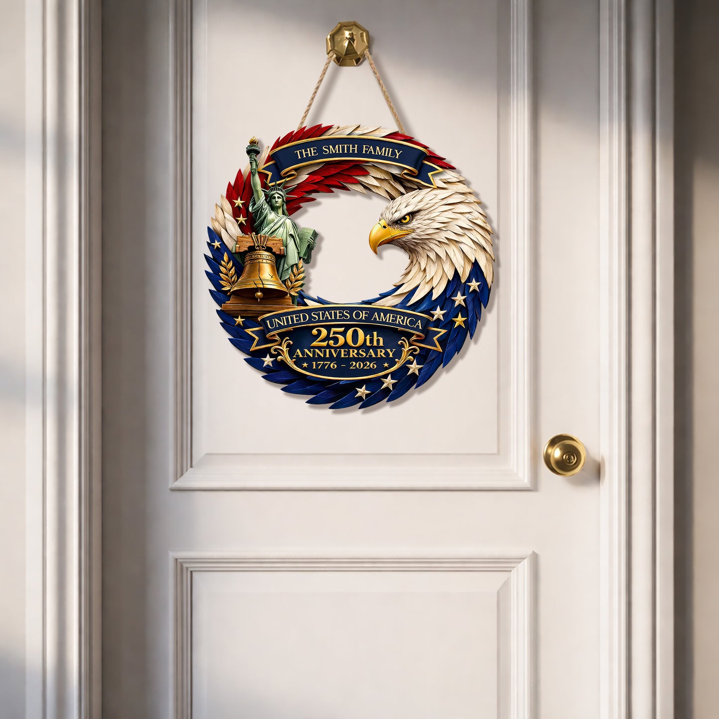Custom Wood Sign, 250th Anniversary Gift Patriotic Eagle Family Name Door Hanger
