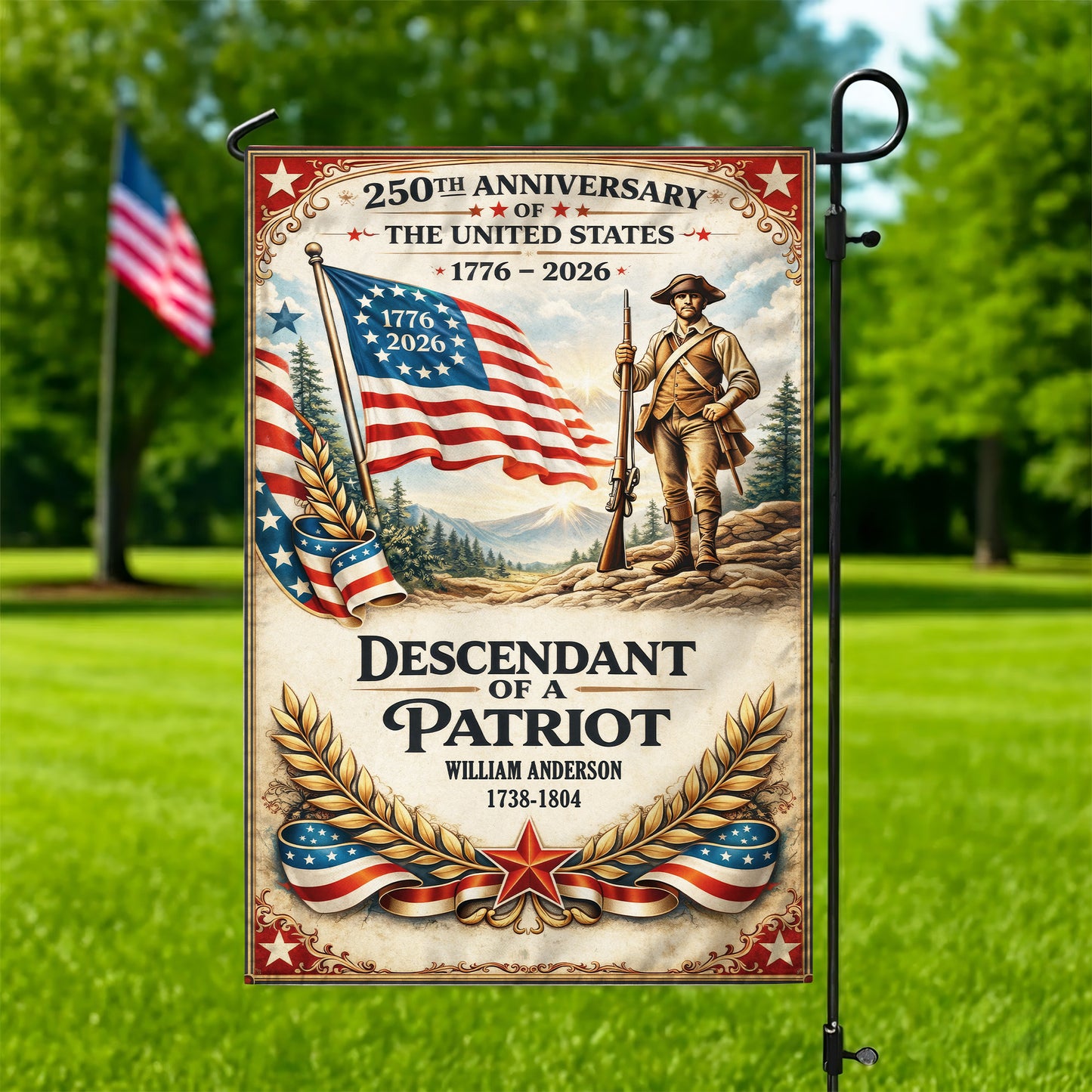 250th Anniversary USA Flag – Personalized 'Descendant of a Patriot' 1776-2026
