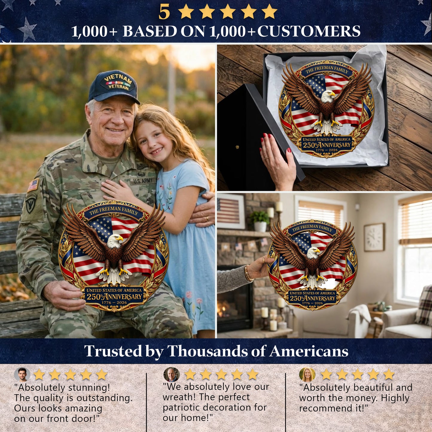 USA 250th Anniversary Custom Wood Sign Gift – Eagle & Flag Design with Personalized Family Name, 1776-2026