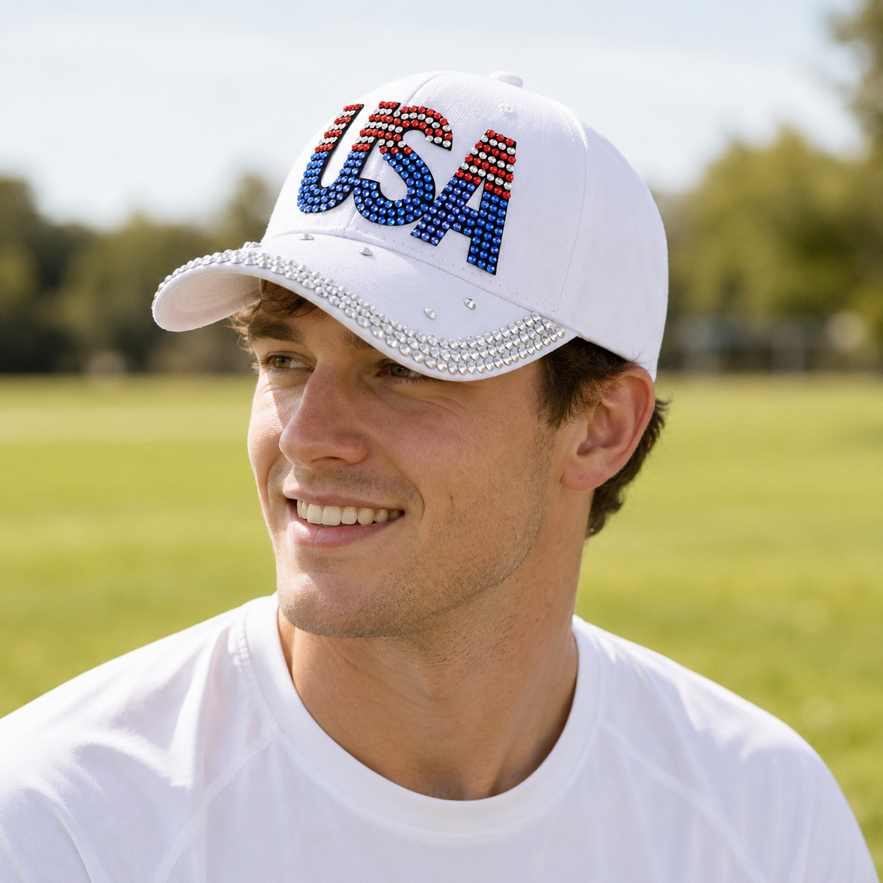 USA Rhinestone Bling American Flag Hat for July 4th – Patriotic Baseball Cap