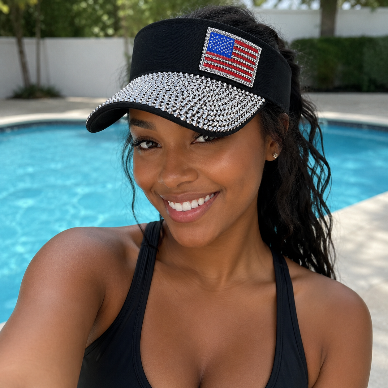 American Flag Sparkling Rhinestone Sun Visor Hat for 4th July – Patriotic Hat