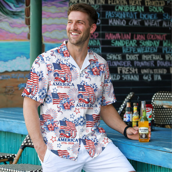 USA 250th Anniversary Hawaiian Shirt – Patriotic Flag Fireworks 1776-2026 America 250