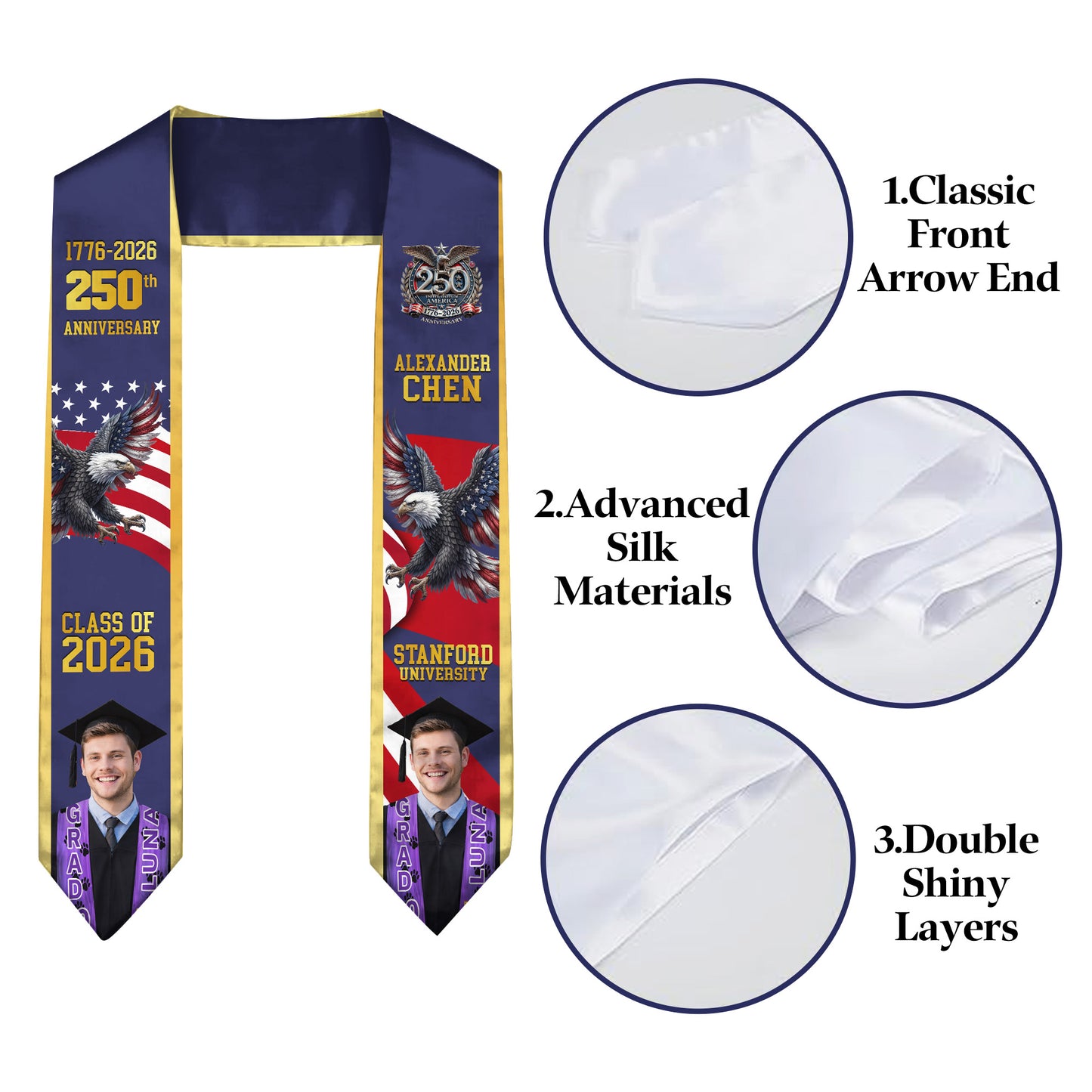 Custom Photo Class Of 2026 With America 250 Years Graduation Stole