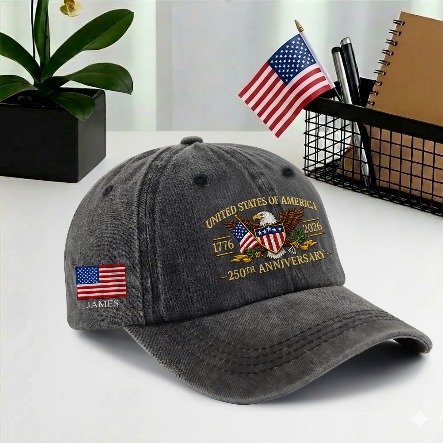 Personalized American Eagle and US Flag Printed Vintage Washed Baseball Cap | 250th Anniversary Hat