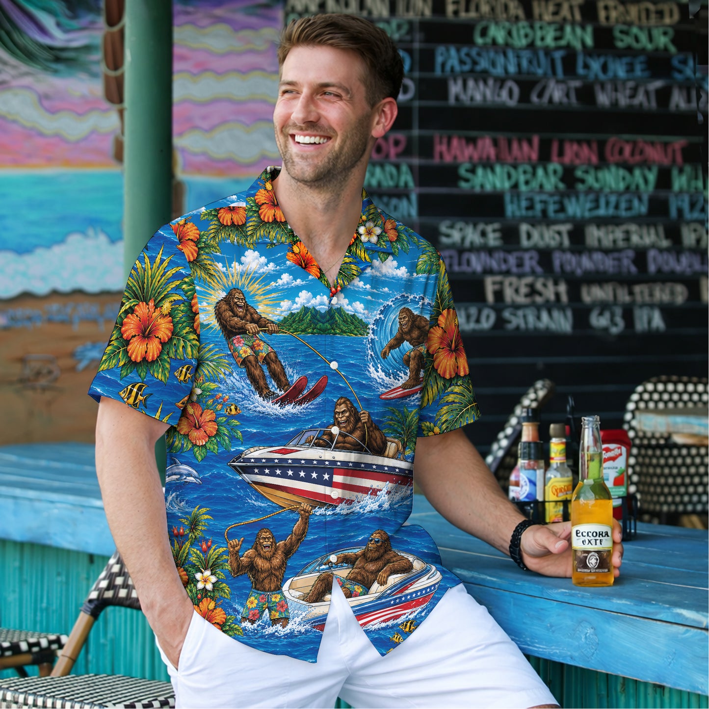 Funny Sasquatch Bigfoot Patriotic Beach Unisex Hawaiian Shirt