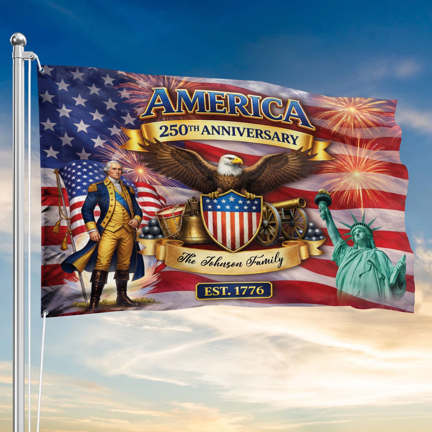 Custom Name 250th Anniversary Flag, America Patriotic Family Banner Est 1776