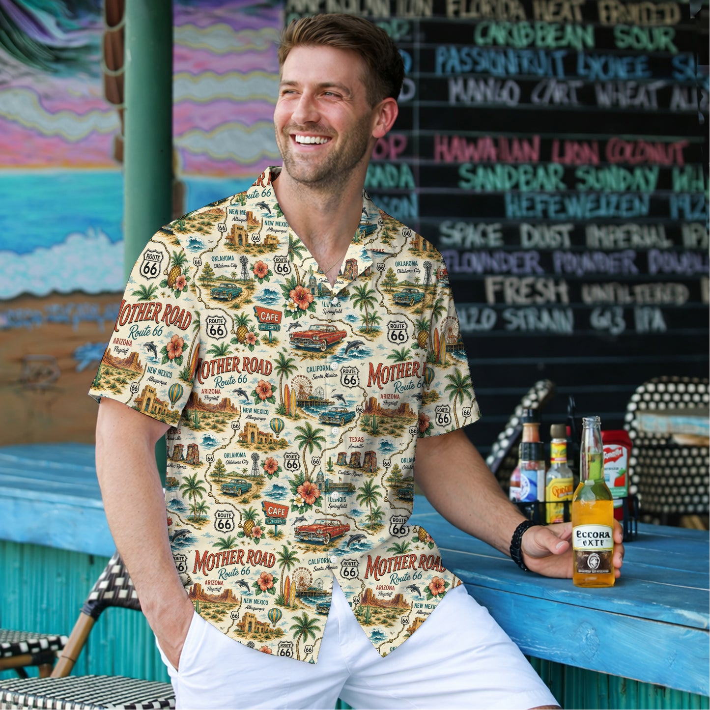 Route 66 Mother Road Map Classic Car Unisex Hawaiian Shirt