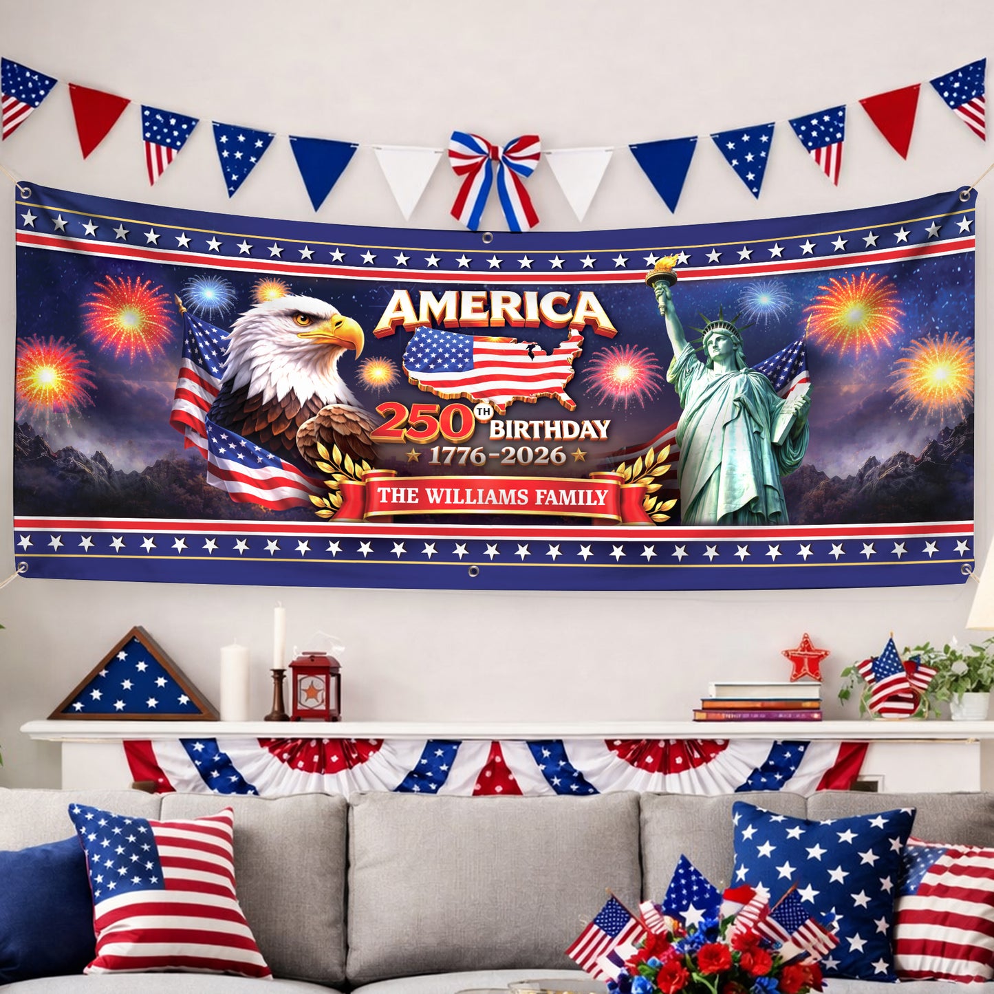 Personalized America 250th Birthday Banner - Eagle, Statue of Liberty, Fireworks Patriotic 1776-2026