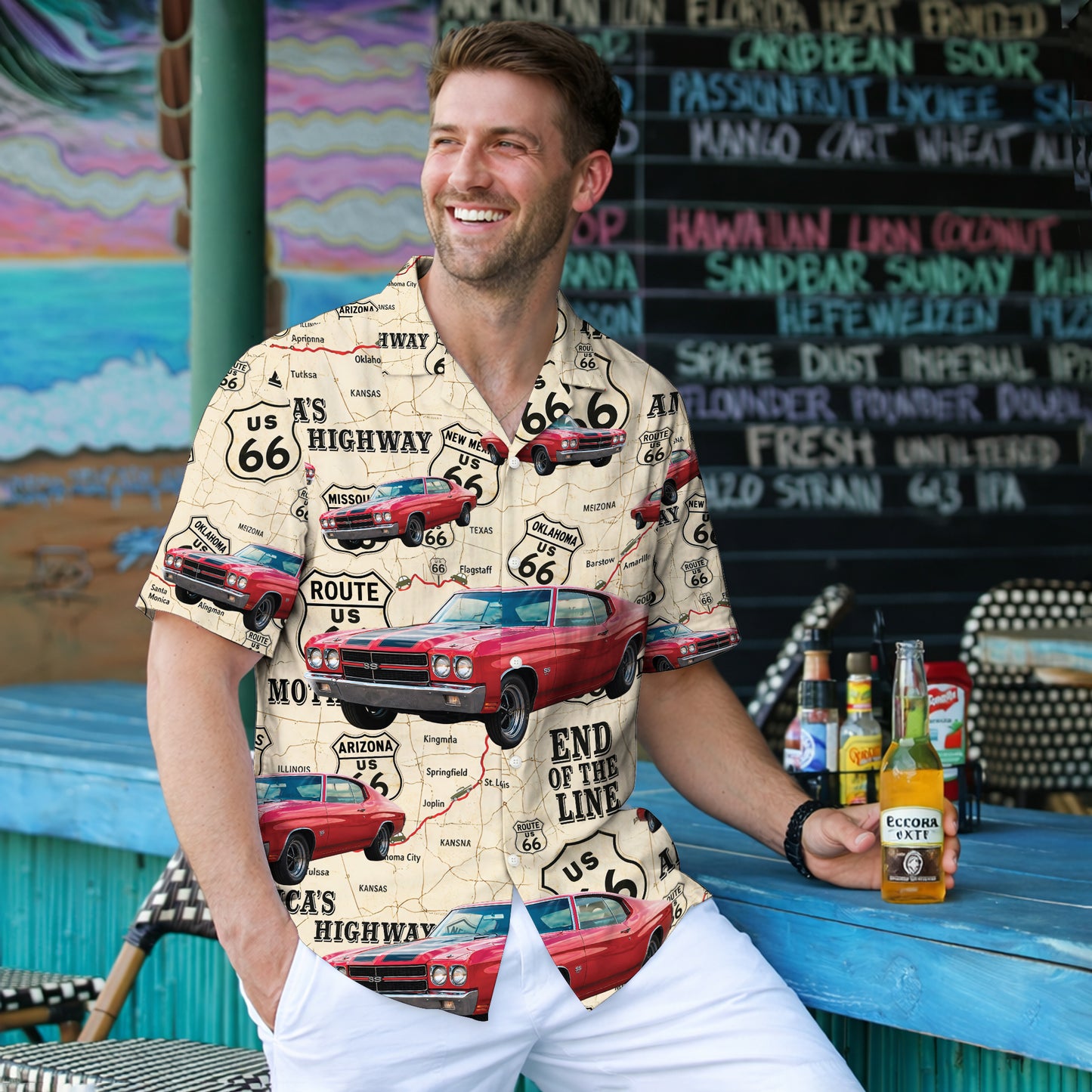 Route 66 Highway Map Vintage Muscle Car Unisex Hawaiian Shirt