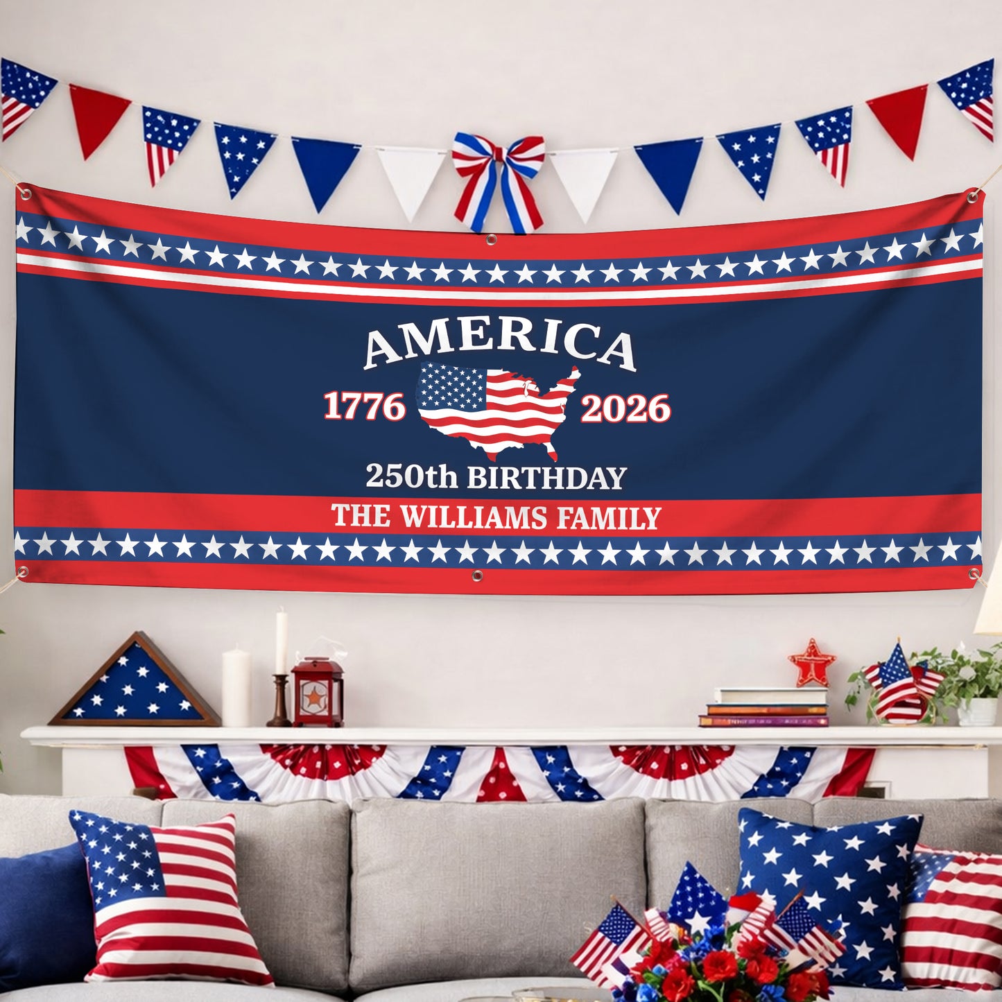 Custom USA 250th Birthday Banner – Personalized American Flag Family Name 1776–2026
