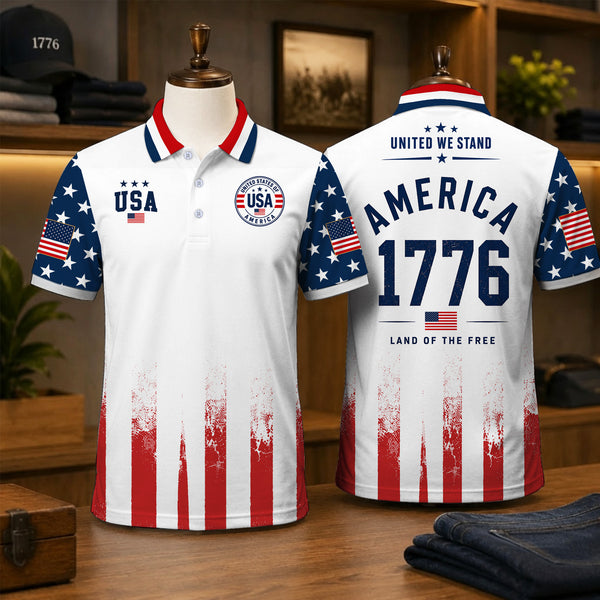 United We Stand America 1776 Polo Shirt - USA Flag Golf Shirt