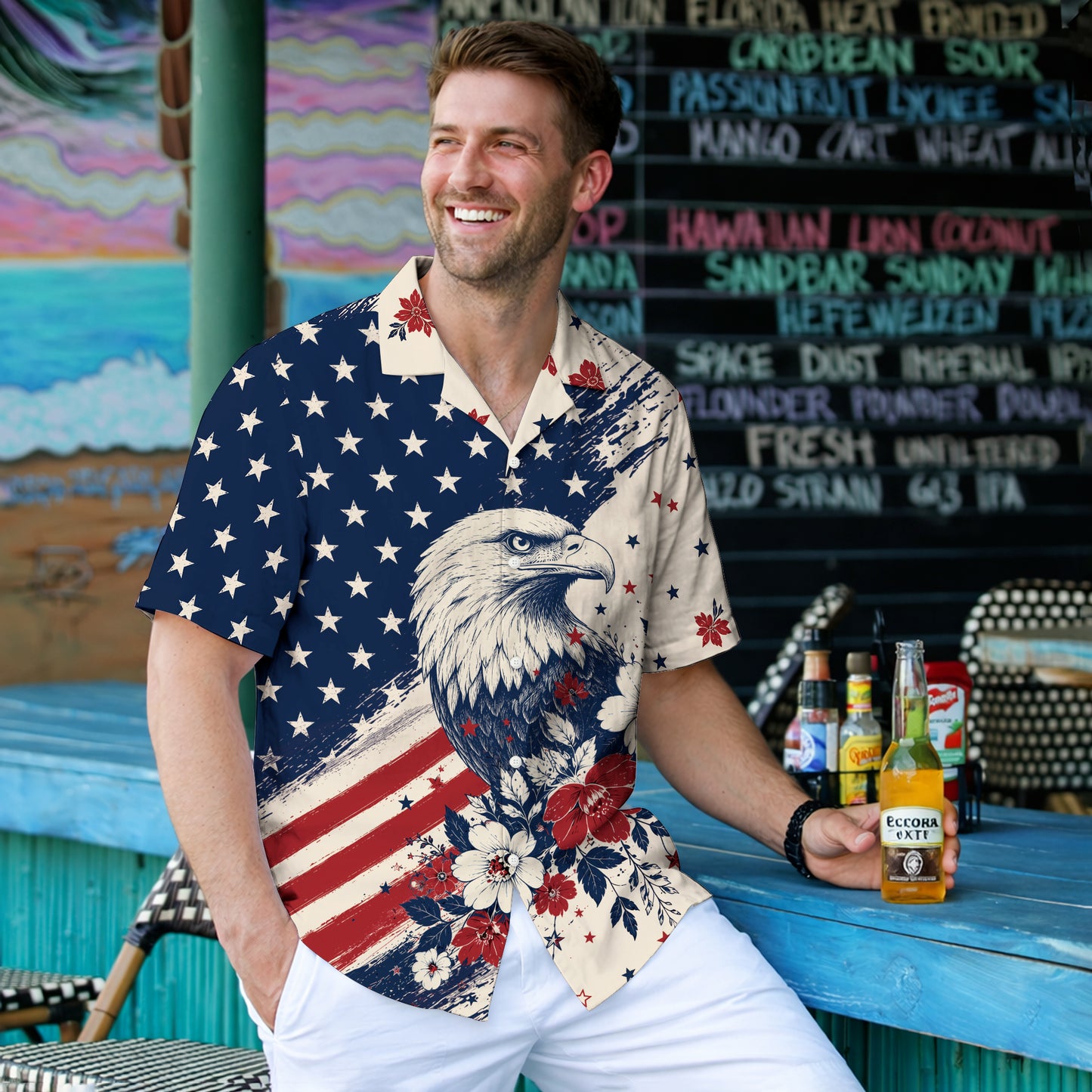 American Flag Bald Eagle Hawaiian Shirt - Men's Floral Aloha Top