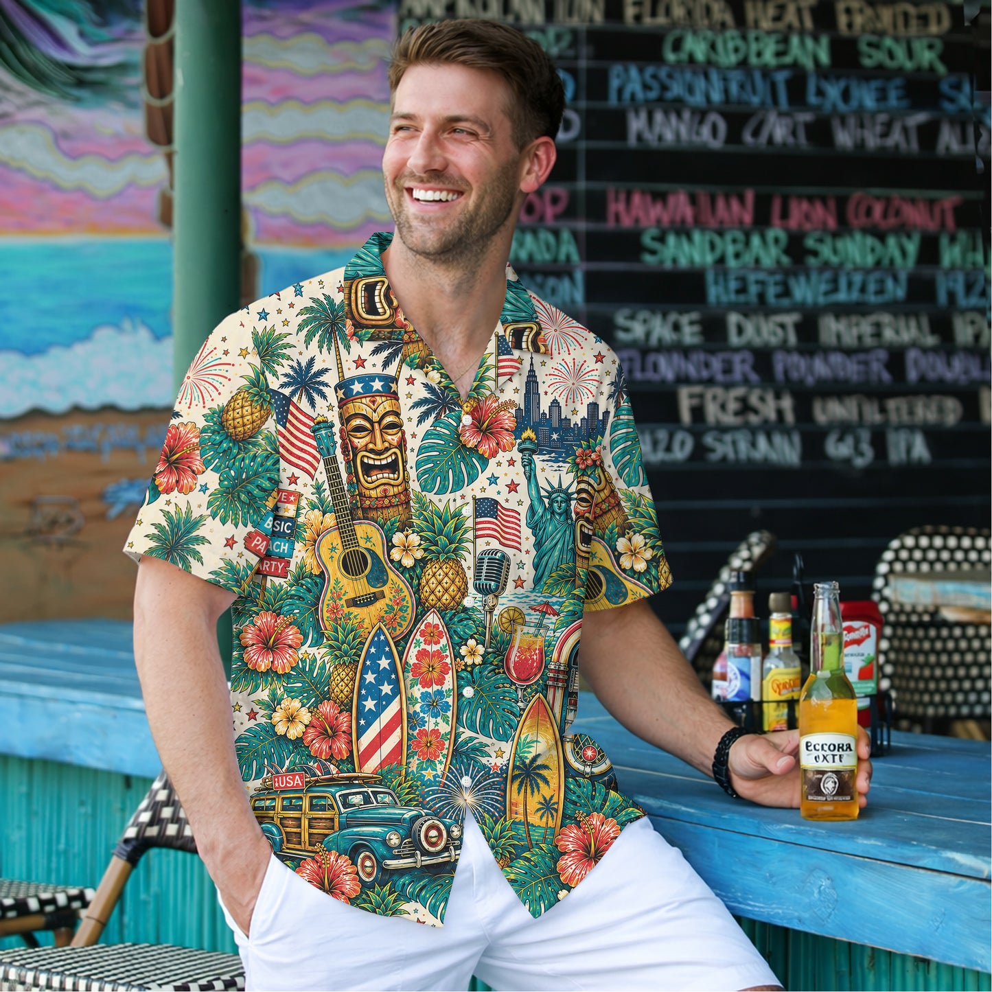Patriotic Tiki Mask Jukebox Music Beach Unisex Hawaiian Shirt