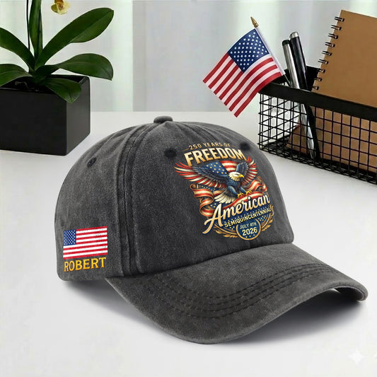 Personalized American Bald Eagle Freedom USA Printed Vintage Washed Baseball Cap | 250th Anniversary Hat
