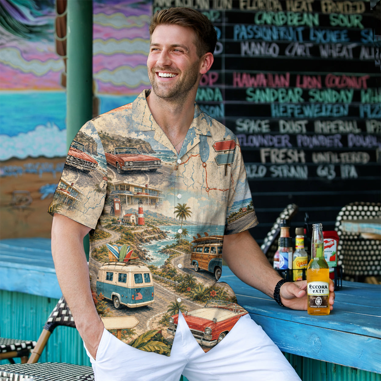 Coastal Highway Classic Car Vintage Unisex Hawaiian Shirt
