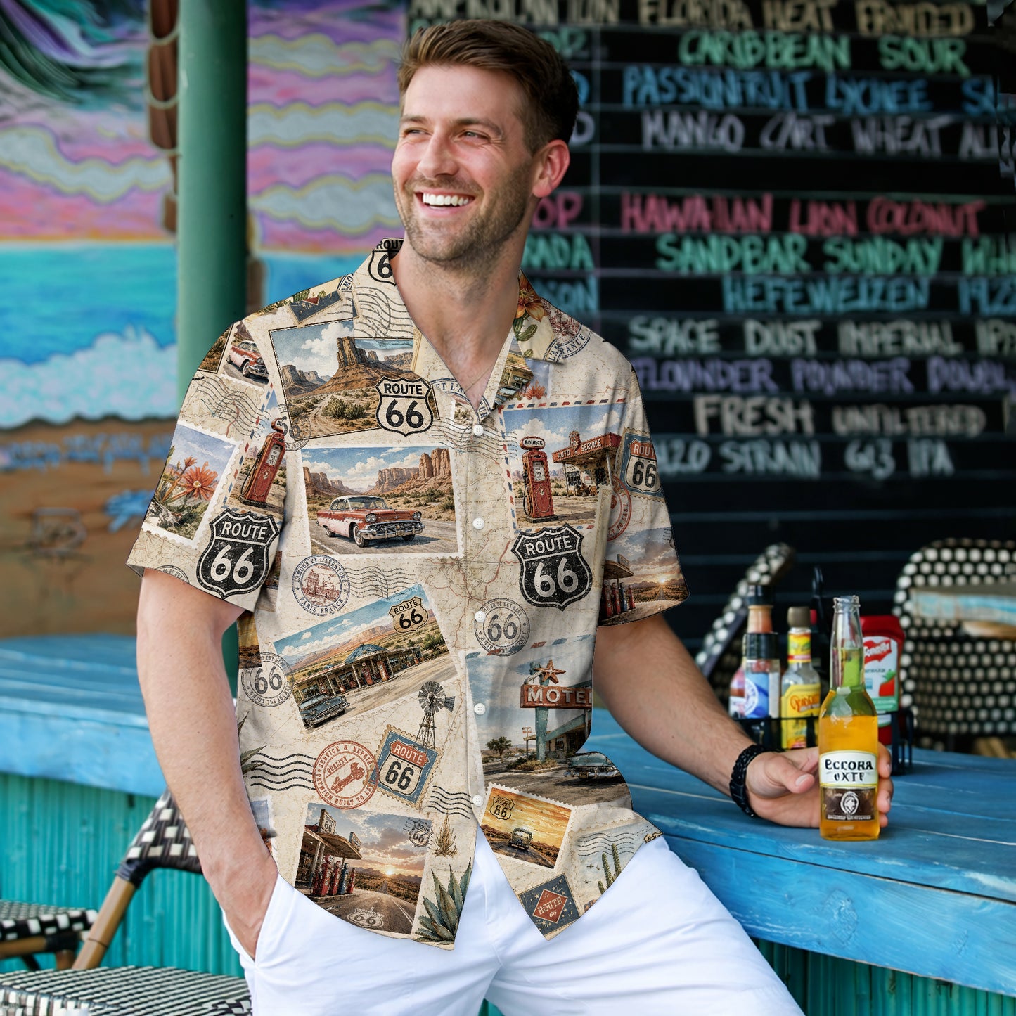 Vintage Route 66 Postcard Hawaiian Shirt - Men's Aloha Top