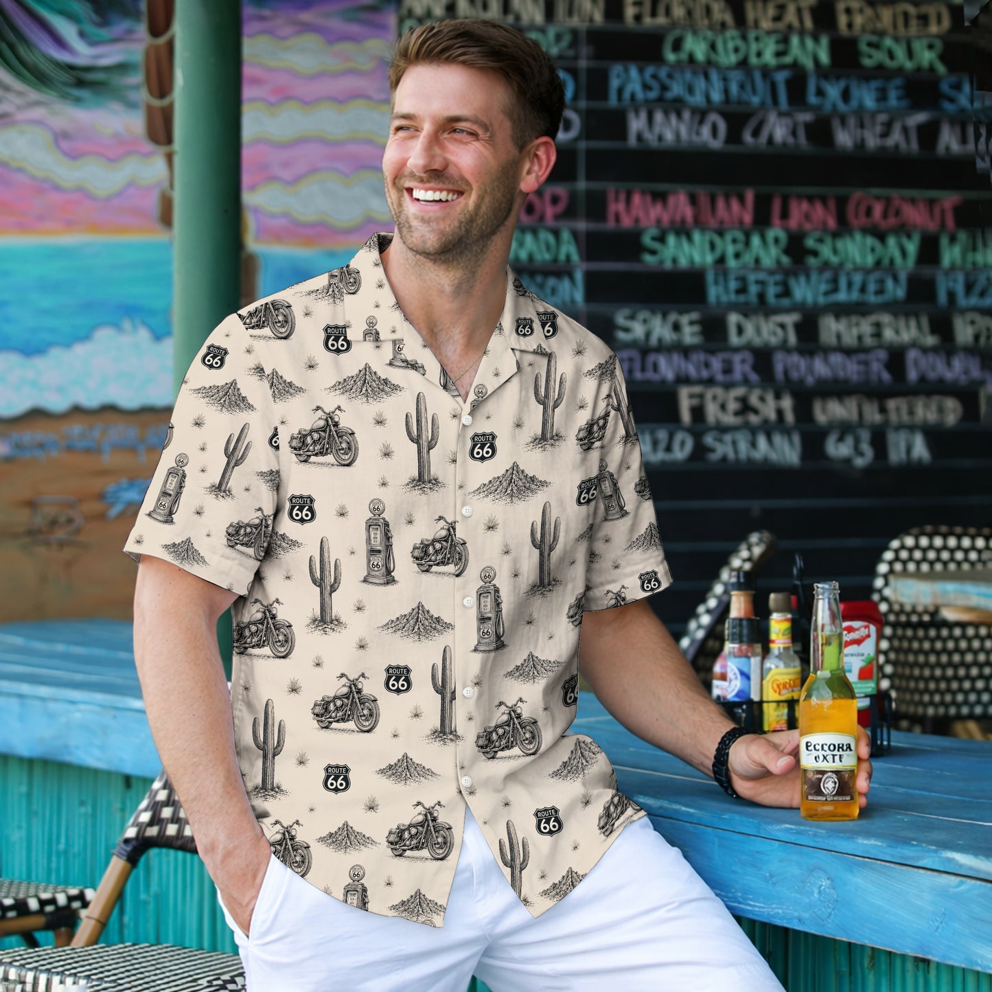 Route 66 Motorcycle Biker Vintage Sketch Unisex Hawaiian Shirt