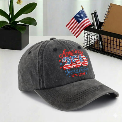 America 250 Years of Freedom Printed Vintage Washed Baseball Cap | 250th Anniversary Hat