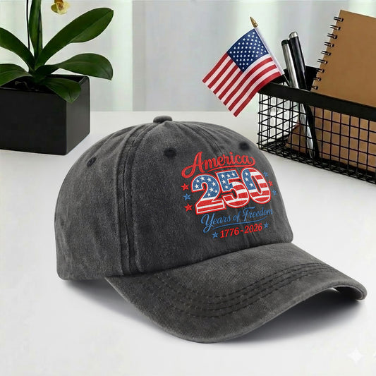 America 250 Years of Freedom Printed Vintage Washed Baseball Cap | 250th Anniversary Hat