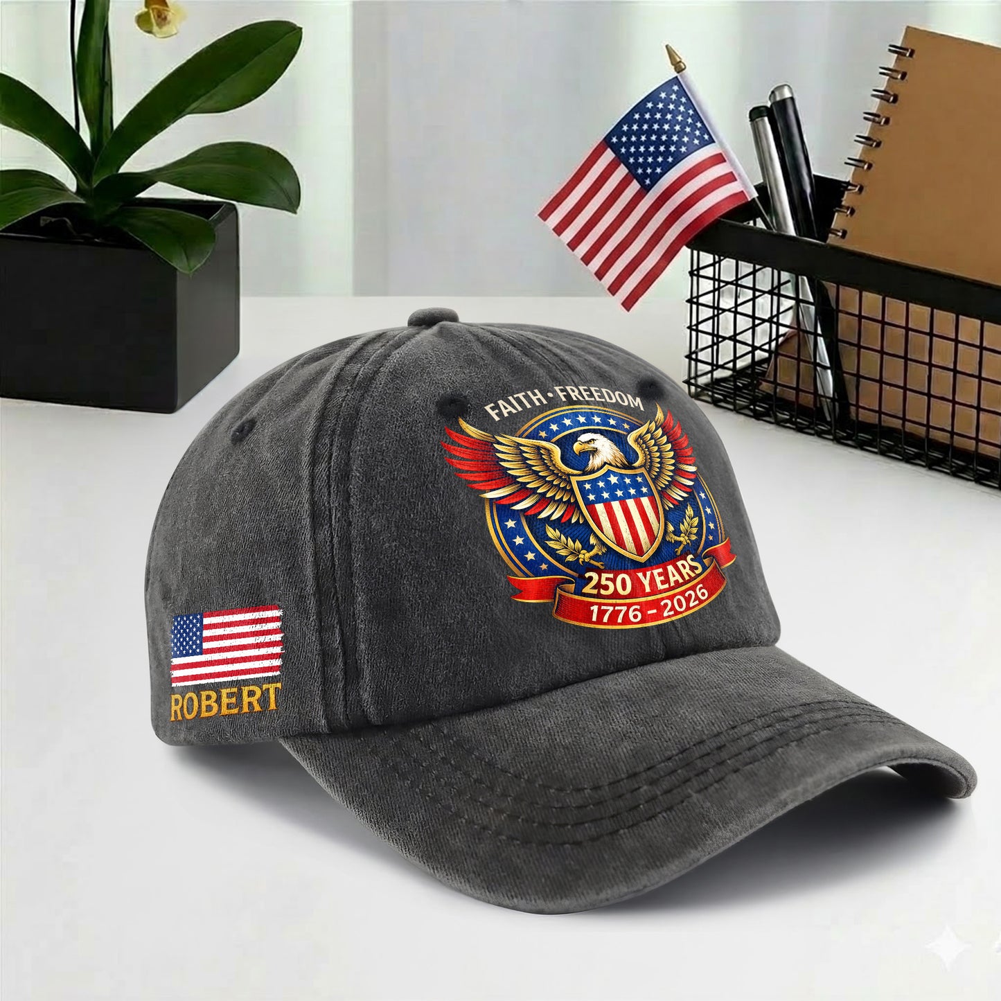 Personalized Eagle Faith Freedom USA Printed Vintage Washed Baseball Cap | 250th Anniversary Hat