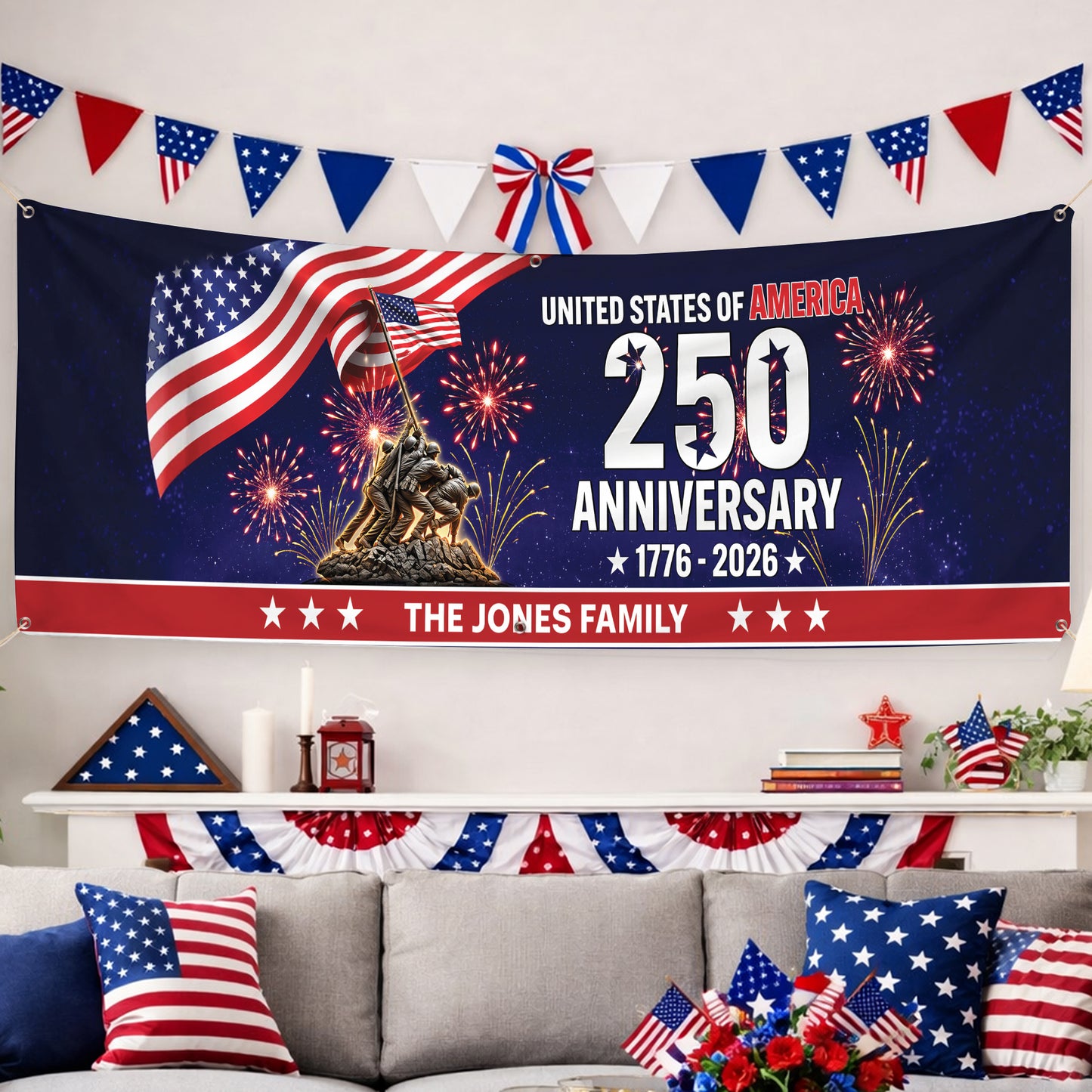 Personalized USA 250th Anniversary Family Banner – Patriotic Fireworks USA Flag 1776-2026 Decor