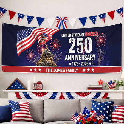 Personalized USA 250th Anniversary Family Banner – Patriotic Fireworks USA Flag 1776-2026 Decor