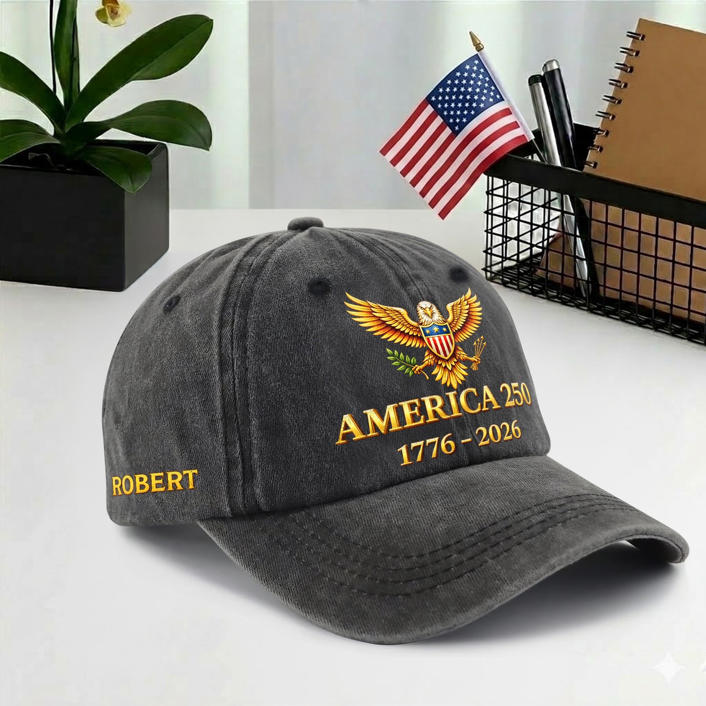 Custom Name America 250 Bald Eagle Printed Vintage Washed Baseball Cap | 250th Anniversary Hat