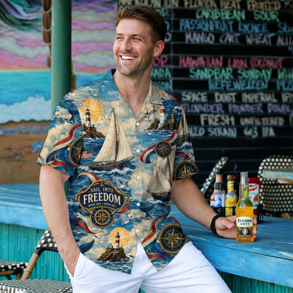 Sail Into Freedom Lighthouse Hawaiian Shirt - Vintage Nautical Aloha Top
