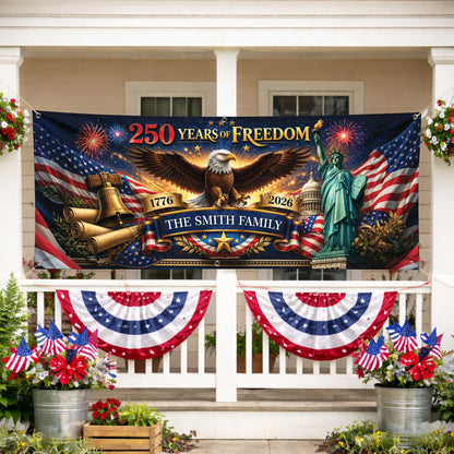 Personalized 250 Years of Freedom Banner – Patriotic USA Eagle Statue of Liberty Family Flag