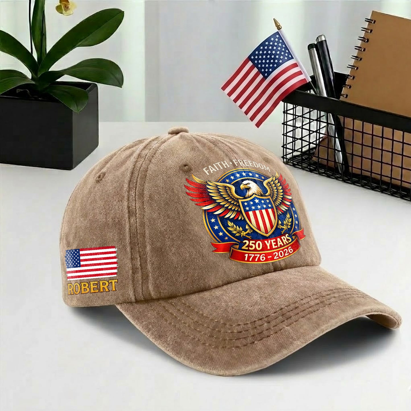 Personalized Eagle Faith Freedom USA Printed Vintage Washed Baseball Cap | 250th Anniversary Hat