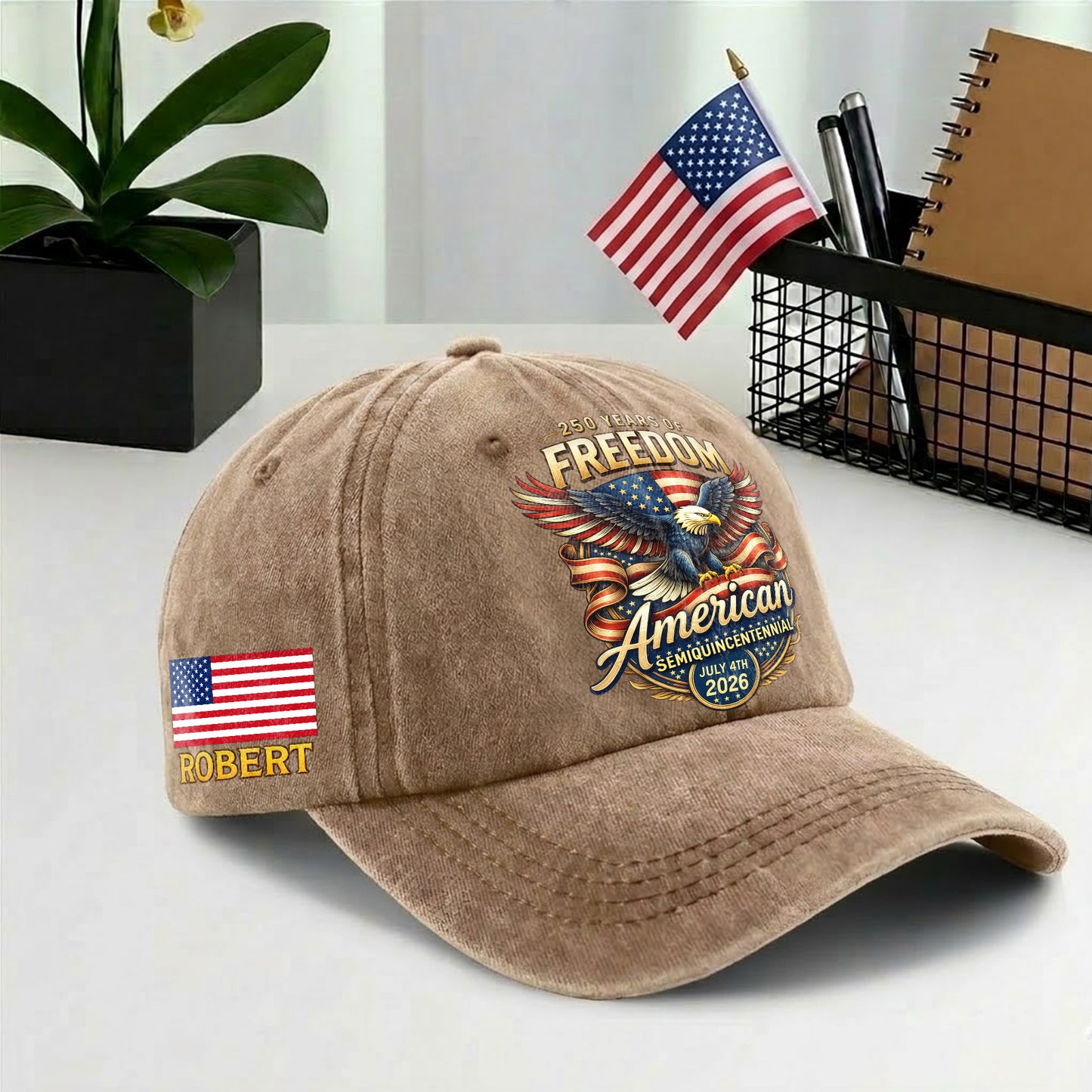 Personalized American Bald Eagle Freedom USA Printed Vintage Washed Baseball Cap | 250th Anniversary Hat
