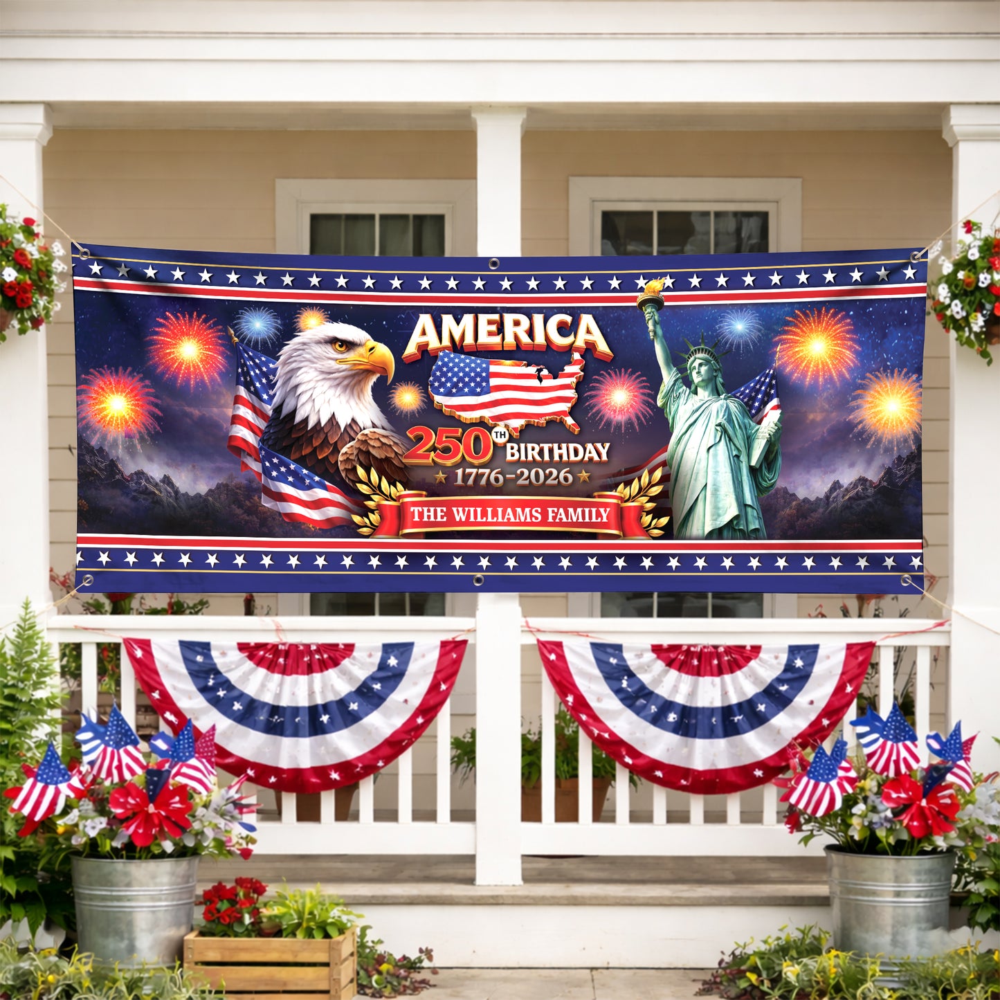 Personalized America 250th Birthday Banner - Eagle, Statue of Liberty, Fireworks Patriotic 1776-2026