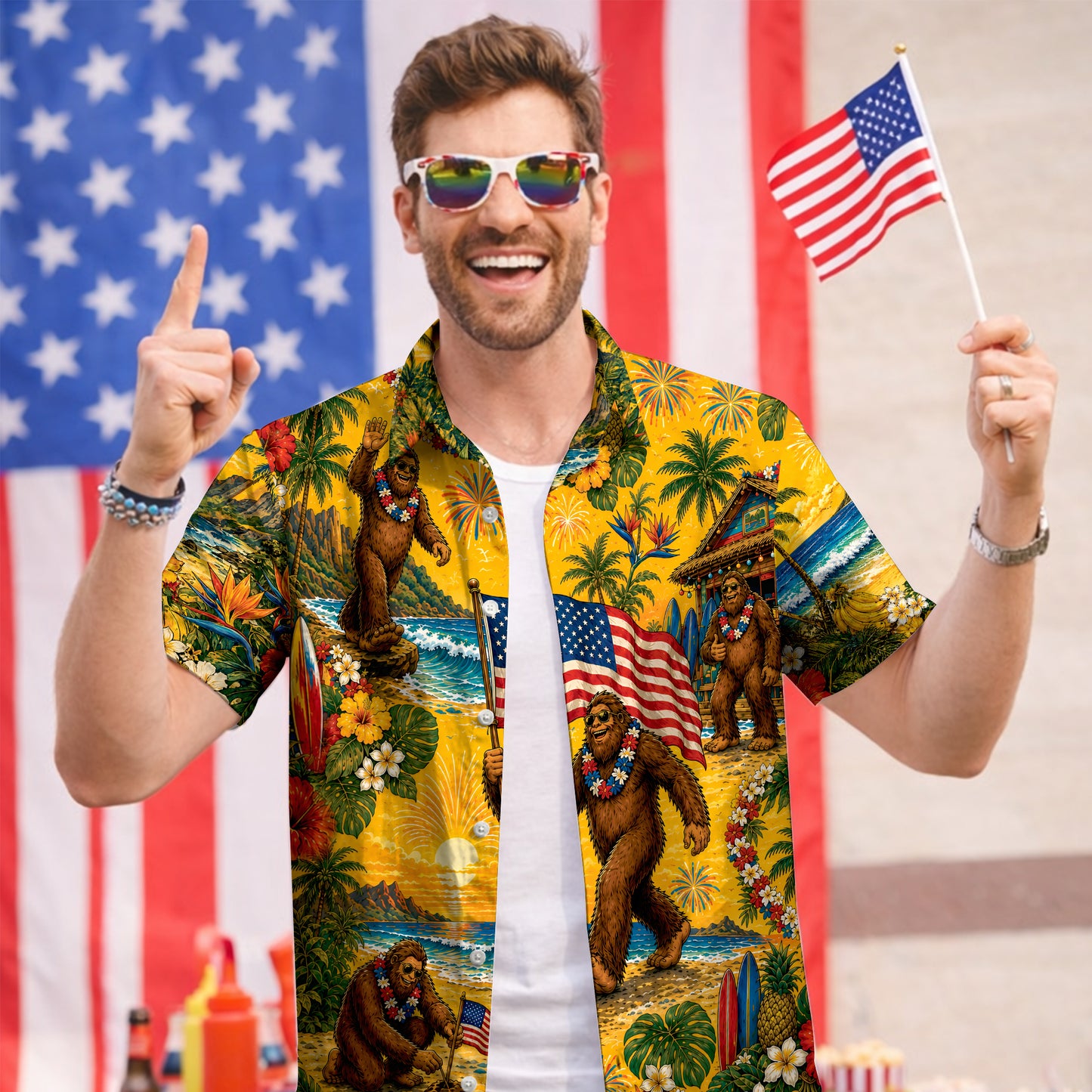Funny Sasquatch Bigfoot Patriotic Beach Unisex Hawaiian Shirt