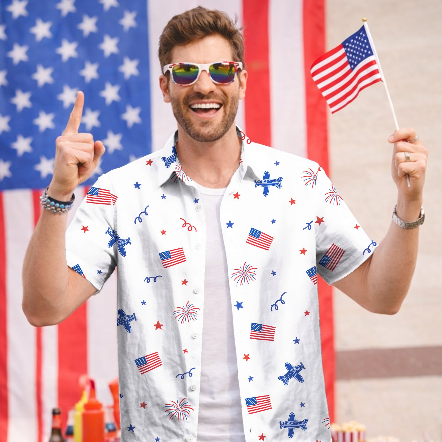 White American Flag Fireworks Hawaiian Shirt