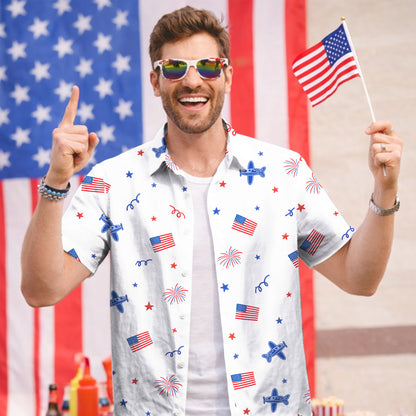 White American Flag Fireworks Hawaiian Shirt