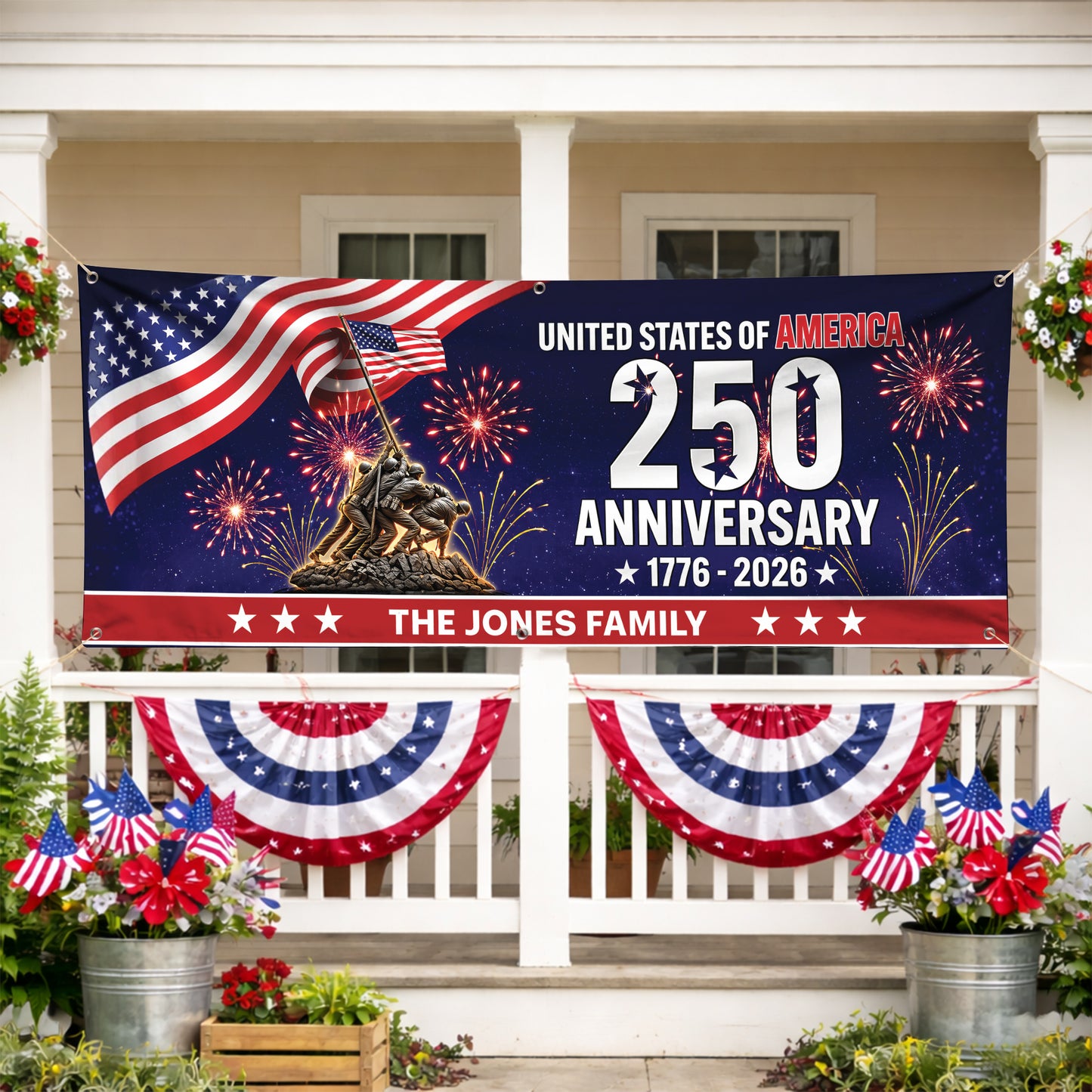Personalized USA 250th Anniversary Family Banner – Patriotic Fireworks USA Flag 1776-2026 Decor