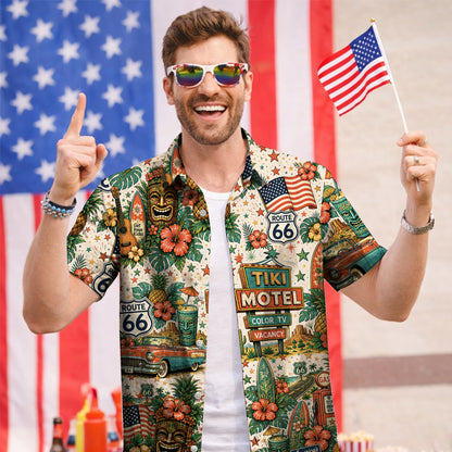 Route 66 Tiki Motel Tropical Vintage Unisex Hawaiian Shirt