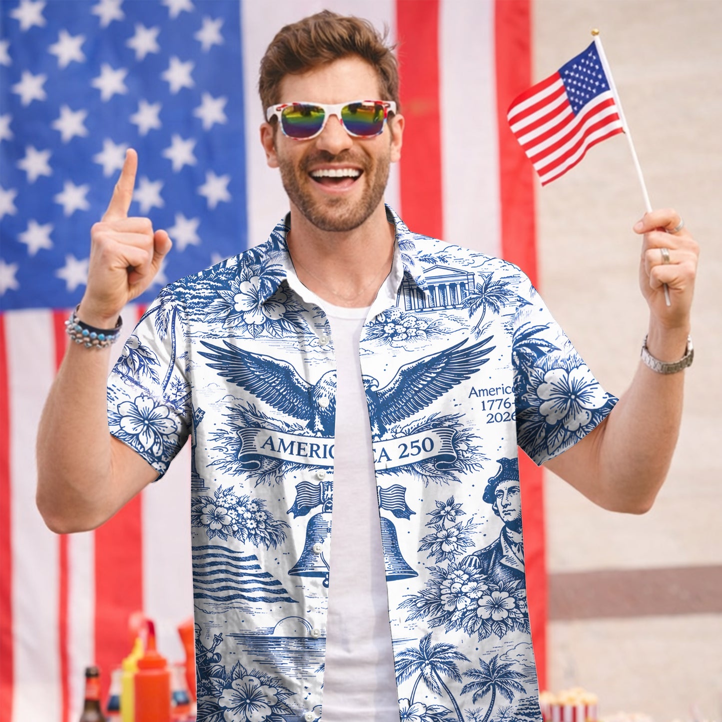 America 250th Anniversary Toile De Jouy Style Patriotic Hawaiian Shirt