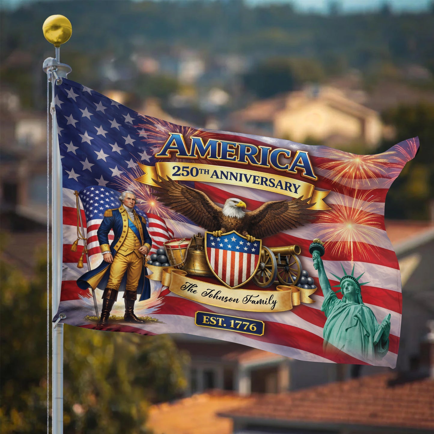 Custom Name 250th Anniversary Flag, America Patriotic Family Banner Est 1776