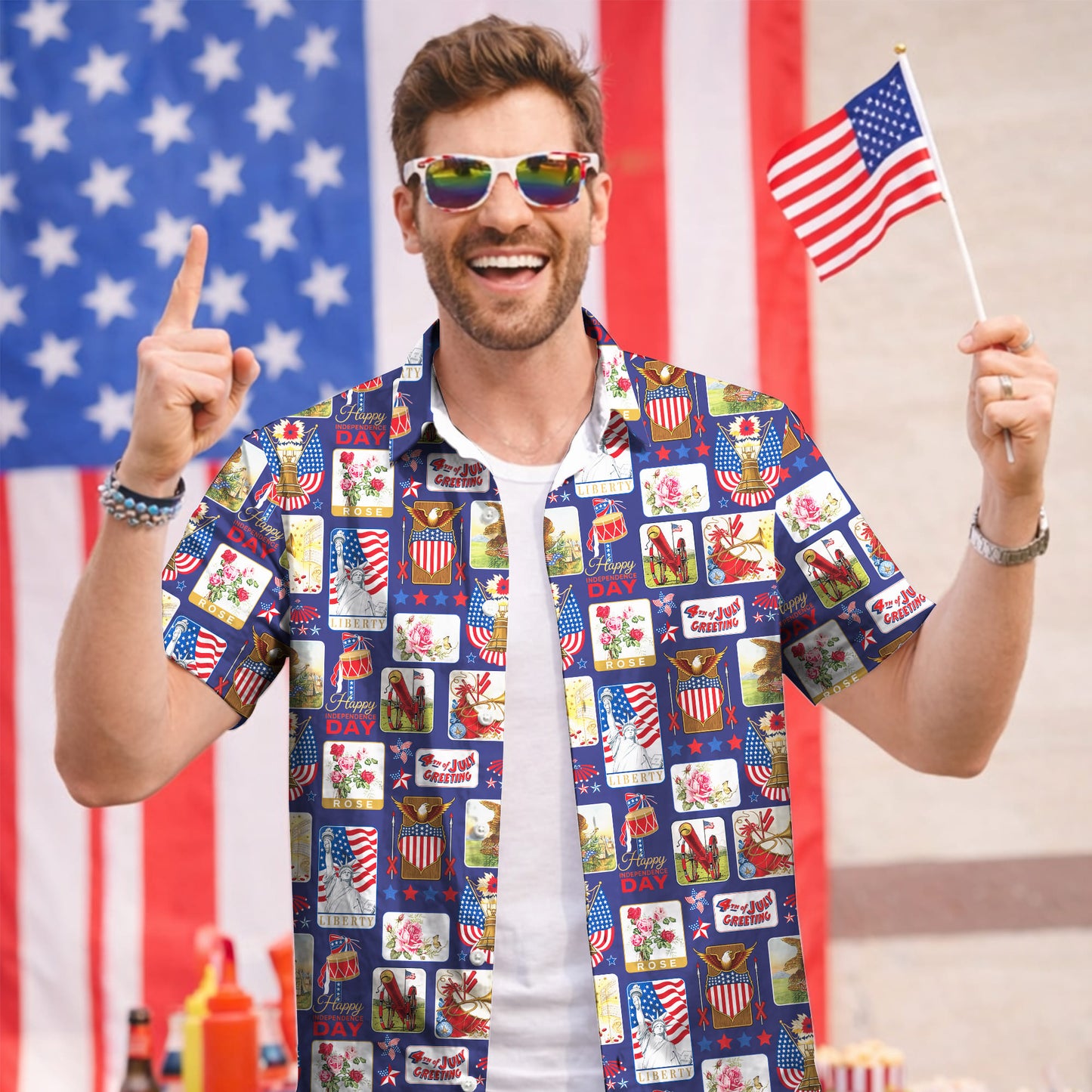 Vintage 4th of July Postcard Hawaiian Shirt - Men's Aloha Top