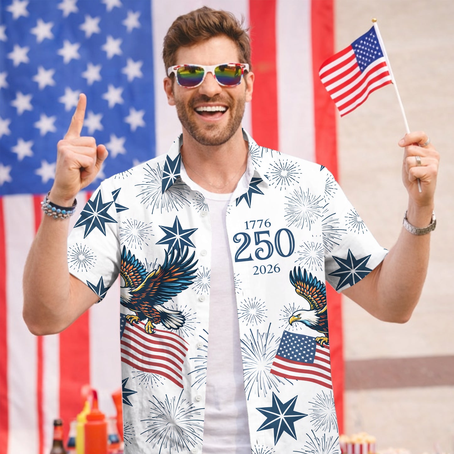 America 250th Anniversary Hawaiian Shirt – Patriotic Eagle & Stars 1776-2026