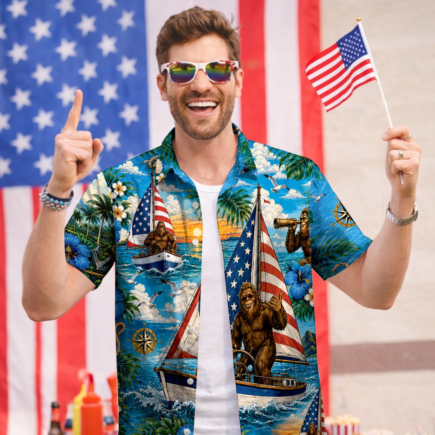 Funny Sasquatch Bigfoot Patriotic Beach Unisex Hawaiian Shirt