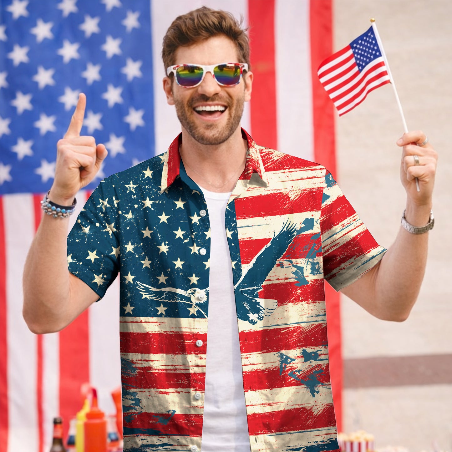 Patriotic American Flag Hawaiian Shirt - Vintage Eagle Button Down